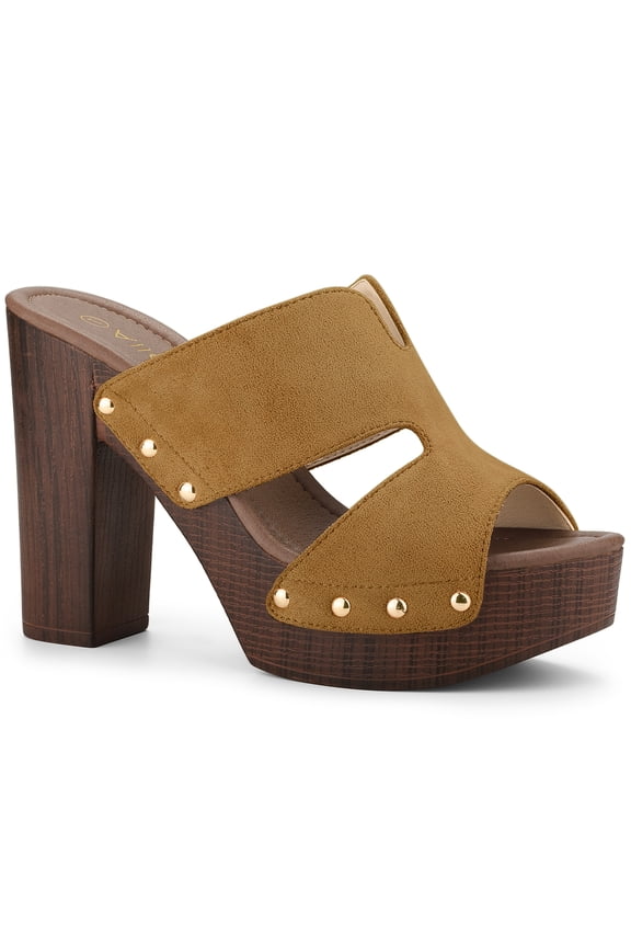 Women's Faux Suede Platform High Block Heel Slides Sandals Brown 9.5