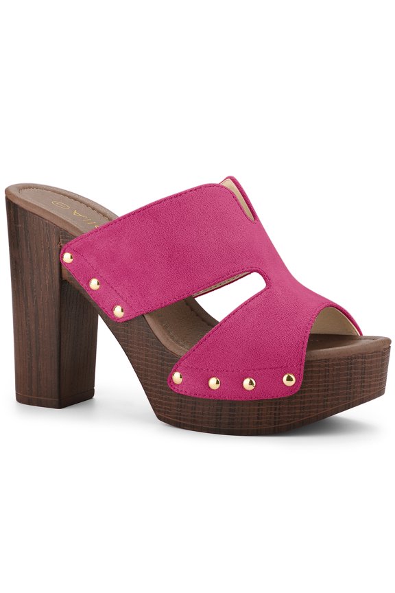 Women's Faux Suede Platform High Block Heel Slides Sandals Hot Pink 9.5