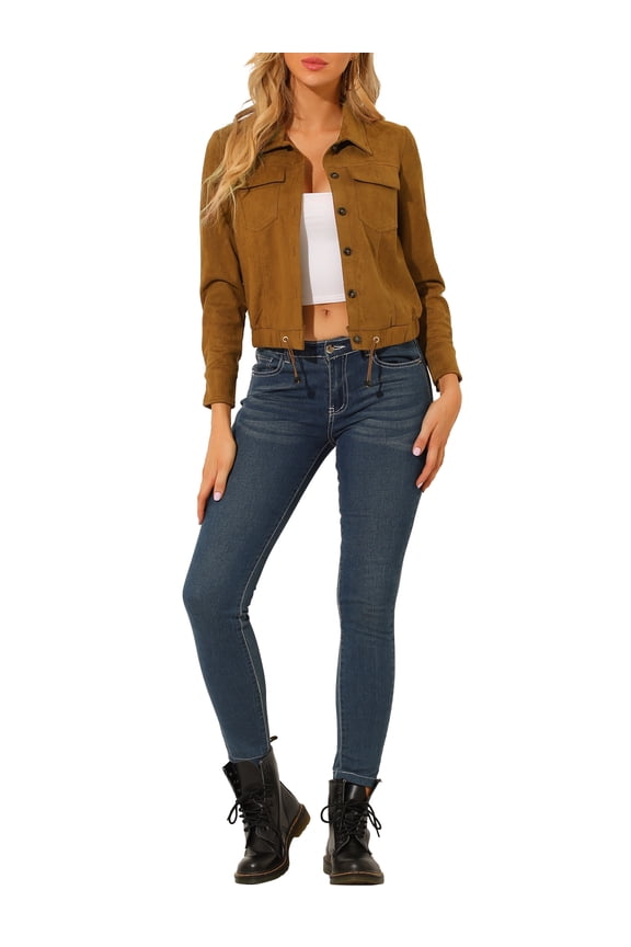 Women's Faux Suede Jacket Point Collar Button Down Cropped Sanded Moto Biker Coat L Brown
