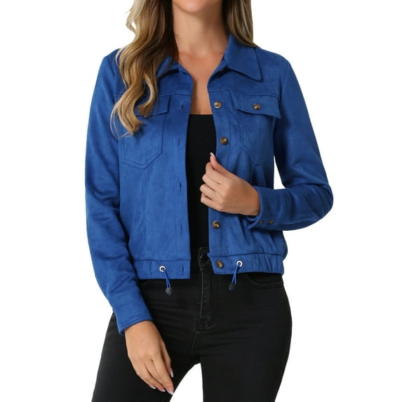 INSPIRE CHIC Women's Faux Suede Jacket Point Collar Button Down Cropped Sanded Moto Biker Coat S Royal Blue