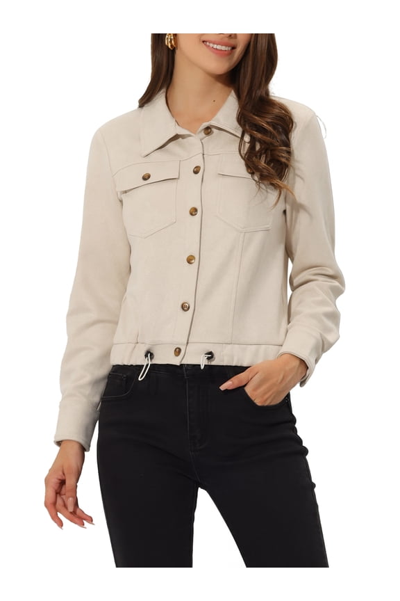 Women's Faux Suede Jacket Point Collar Button Down Cropped Sanded Moto Biker Coat XS Beige