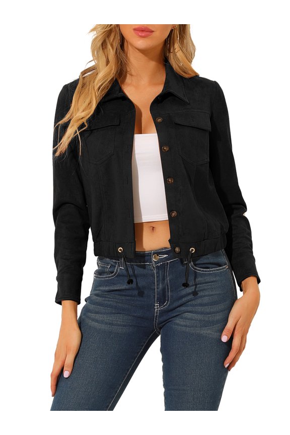 Women's Faux Suede Jacket Button Down Collar Cropped Biker Motorcycle Jacket Fall Winter Coat M Black