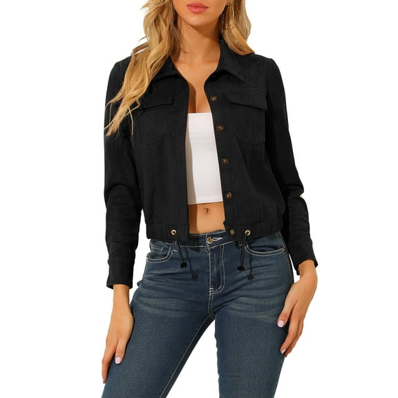 INSPIRE CHIC Women's Faux Suede Jacket Point Collar Button Down Cropped Sanded Moto Biker Coat M Black