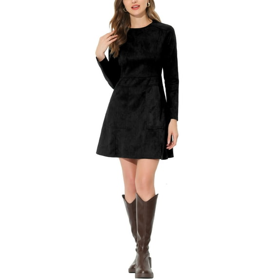 INSPIRE CHIC Women's Faux Suede Round Neck Long Sleeve Pockets A-Line Mini Dress