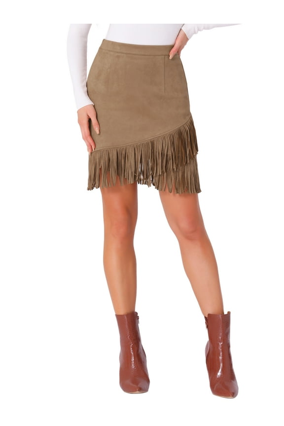 Women's Faux Suede Skirt Fringe Trim High Waist Vintage Casual Mini Skirts M Camel