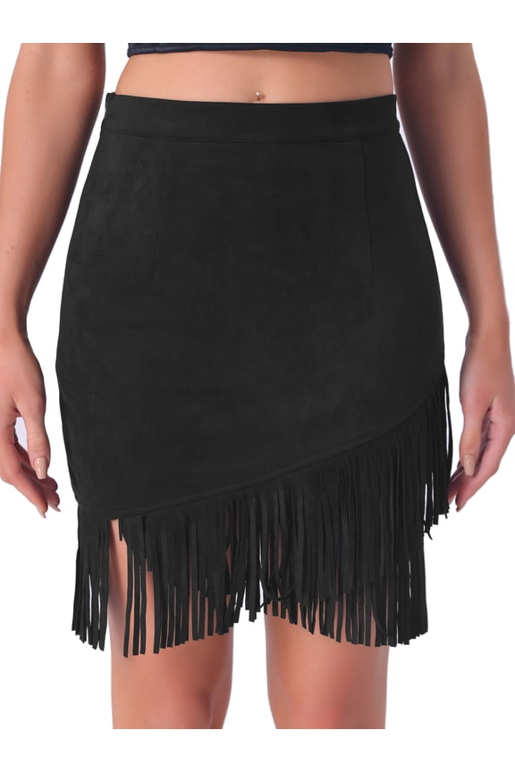 Women's Faux Suede Skirt Fringe Trim High Waist Vintage Casual Mini Skirts L Black