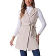 thumbnail image 1 of INSPIRE CHIC Women's Vest Faux Suede Sleeveless Belt Waist Open Front Long Vest Blazer L Beige, 1 of 5