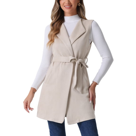 INSPIRE CHIC Women's Vest Faux Suede Sleeveless Belt Waist Open Front Long Vest Blazer XS Beige