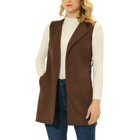 INSPIRE CHIC Women's Vest Faux Suede Sleeveless Belt Waist Open Front Long Vest Blazer XS Brown