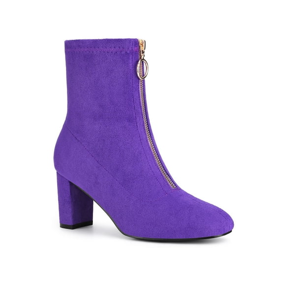 BLISSFUL STEP Women's Faux Suede Square Toe Front Zip Block Heel Ankle Boots Purple (Size 7)