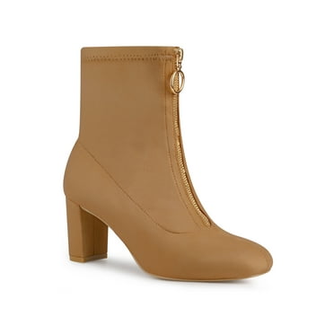 Allegra K Women's Faux Suede Square Toe Front Zip Block Heel Ankle Boots Brown (Size 7)