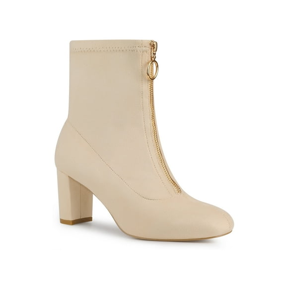 BLISSFUL STEP Women's Faux Suede Square Toe Front Zip Block Heel Ankle Boots Beige (Size 8)