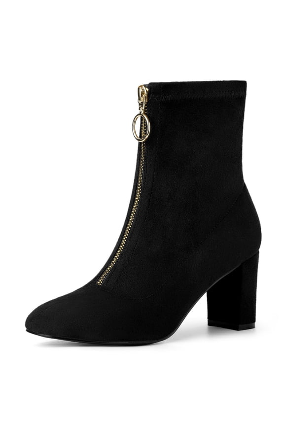 Women's Faux Suede Square Toe Front Zip Block Heel Ankle Boots Black (Size 7)
