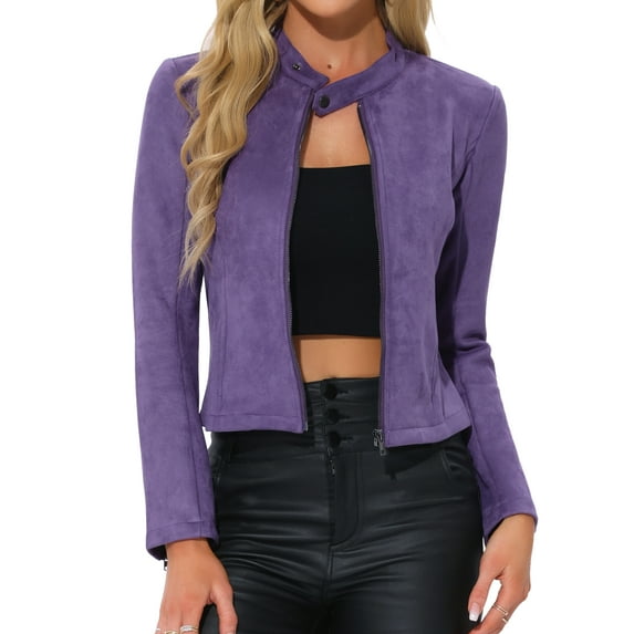 INSPIRE CHIC Women's Faux Suede Stand Collar Zip up Cropped Motorcycle Jacket L Dark Purple