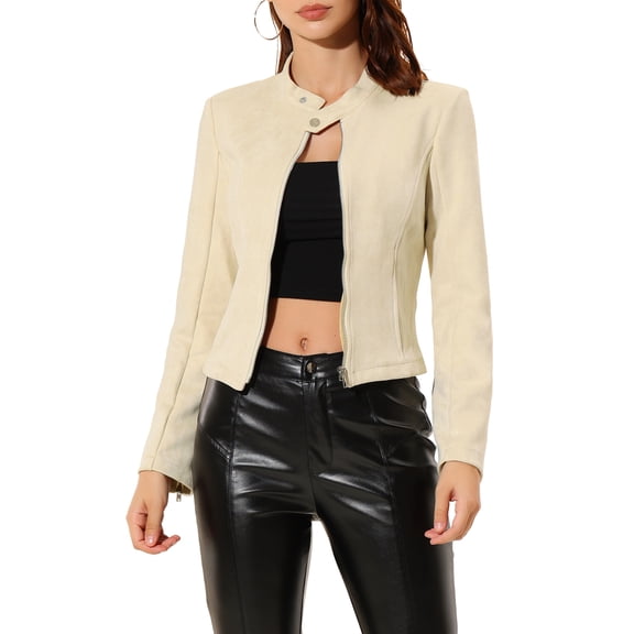 INSPIRE CHIC Women's Faux Suede Stand Collar Zip up Cropped Motorcycle Jacket S Beige