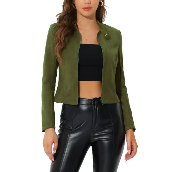 INSPIRE CHIC Women's Faux Suede Stand Collar Zip up Cropped Motorcycle Jacket XL Army Green