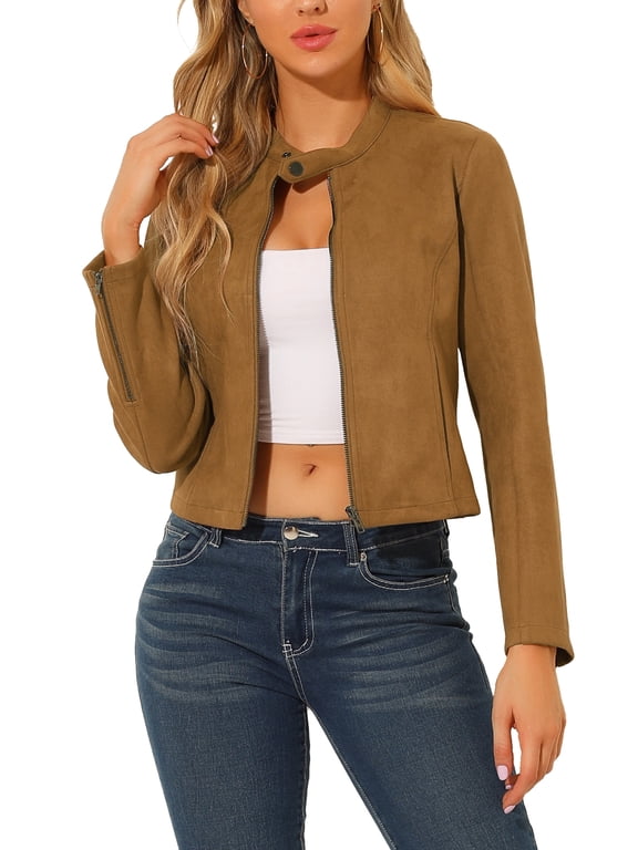 Women's Faux Suede Jacket Zip Up Crop Biker Moto Coat Outerwear for Casual and Stylish Looks XS Brown