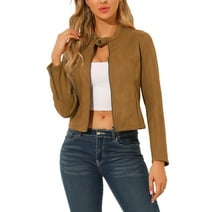 Allegra K Women's Faux Suede Stand Collar Zip up Cropped Motorcycle Jacket