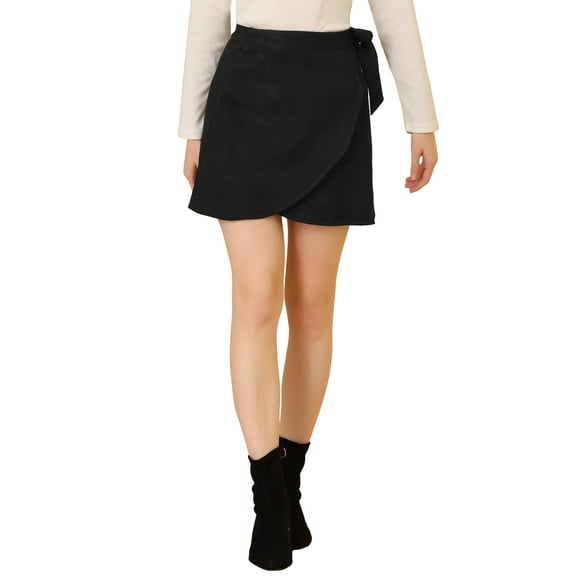 INSPIRE CHIC Women's Faux Suede Tie Waisted A-Line Wrap Short Mini Skirt L Black