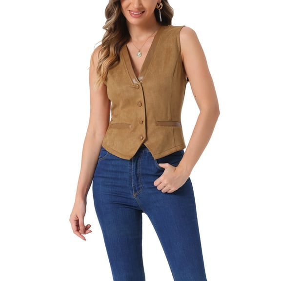 INSPIRE CHIC Women's Vest Faux Suede V Neck Button Vintage Casual Sleeveless Jacket S Light Brown