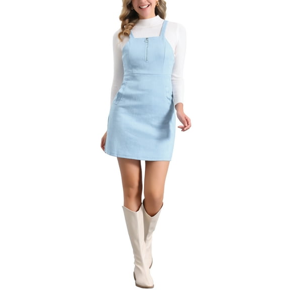 INSPIRE CHIC Women's Faux Suede Zipper Front Elegant Pinafore Overall Mini Dress L Light Blue
