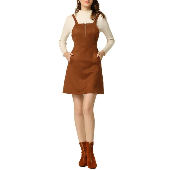 Allegra K Women's Faux Suede Zipper Front Elegant Pinafore Overall Mini Dress