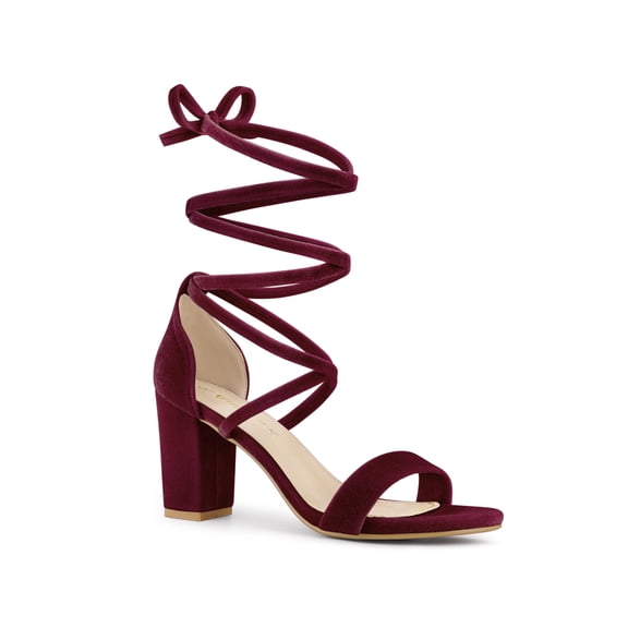 BLISSFUL STEP Women's Faux Velvet Lace Up Block Heel Strappy Sandals Burgundy (Size 8.5)