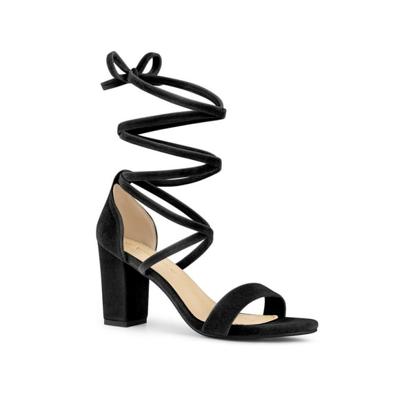 BLISSFUL STEP Women's Faux Velvet Lace Up Block Heel Strappy Sandals Black (Size 7)