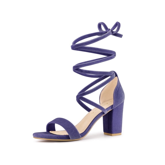 BLISSFUL STEP Women's Faux Velvet Lace Up Block Heel Strappy Sandals Purple (Size 8.5)