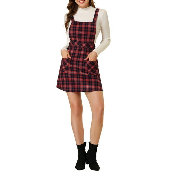 INSPIRE CHIC Women's Plaid Button Decor A-Line Pinafore Overall Dress L Red
