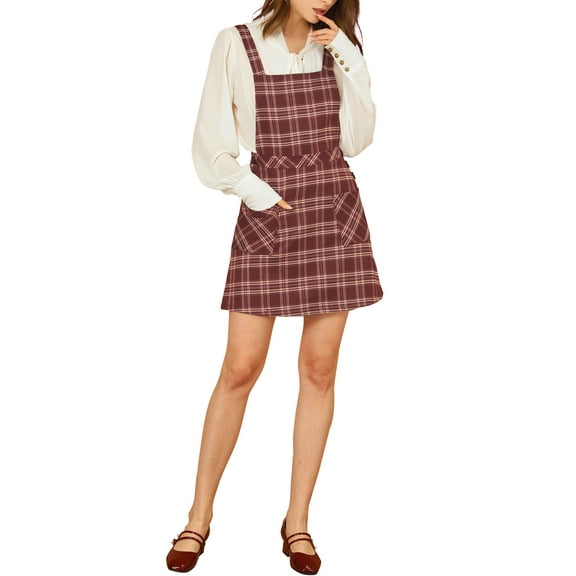 INSPIRE CHIC Women's Plaid Button Decor A-Line Pinafore Overall Dress S Burgundy