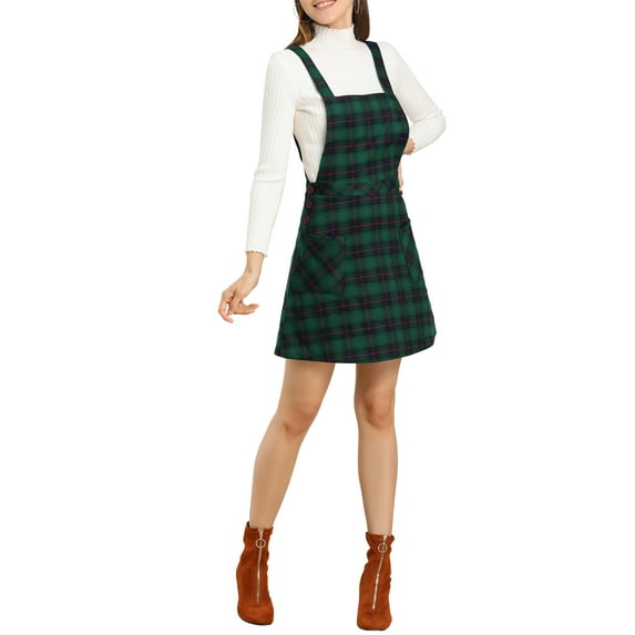 INSPIRE CHIC Women's Plaid Button Decor A-Line Pinafore Overall Dress XS Green