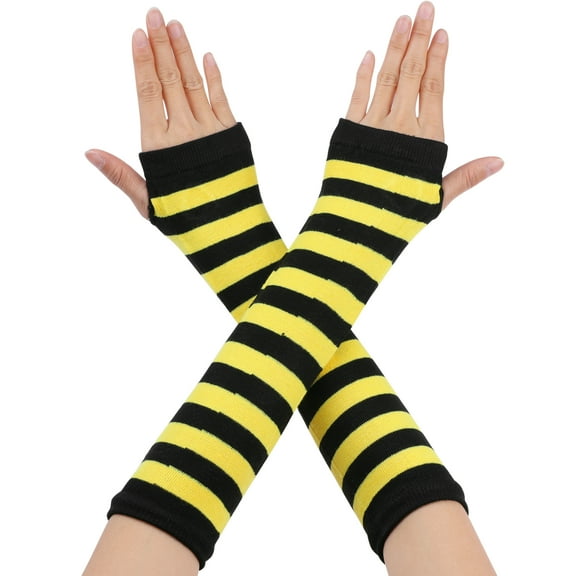 INSPIRE CHIC Women's Fingerless Gloves Printed Elbow Length Knitted Arm Warmers Yellow Black Wide Stripes