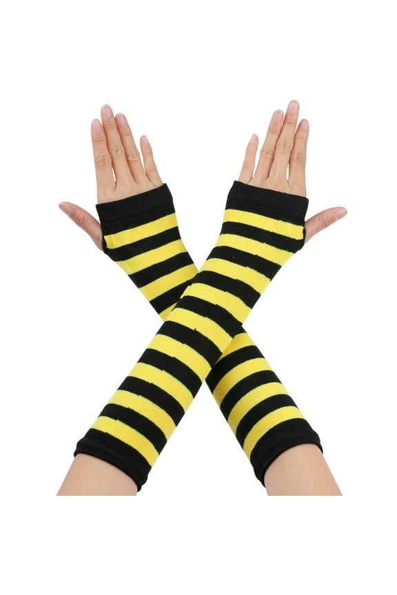 Women's Fingerless Gloves Printed Elbow Length Knitted Arm Warmers Yellow Black Wide Stripes
