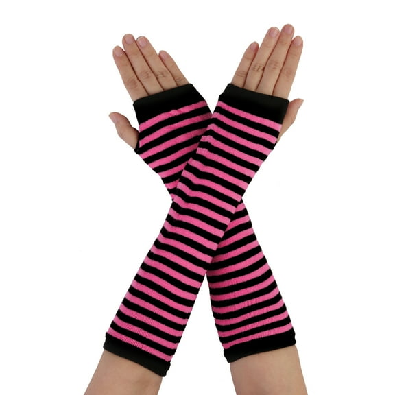 INSPIRE CHIC Women's Fingerless Thumbhole Solid Stripe Gothic Long Knitted Gloves Black-Fuchsia