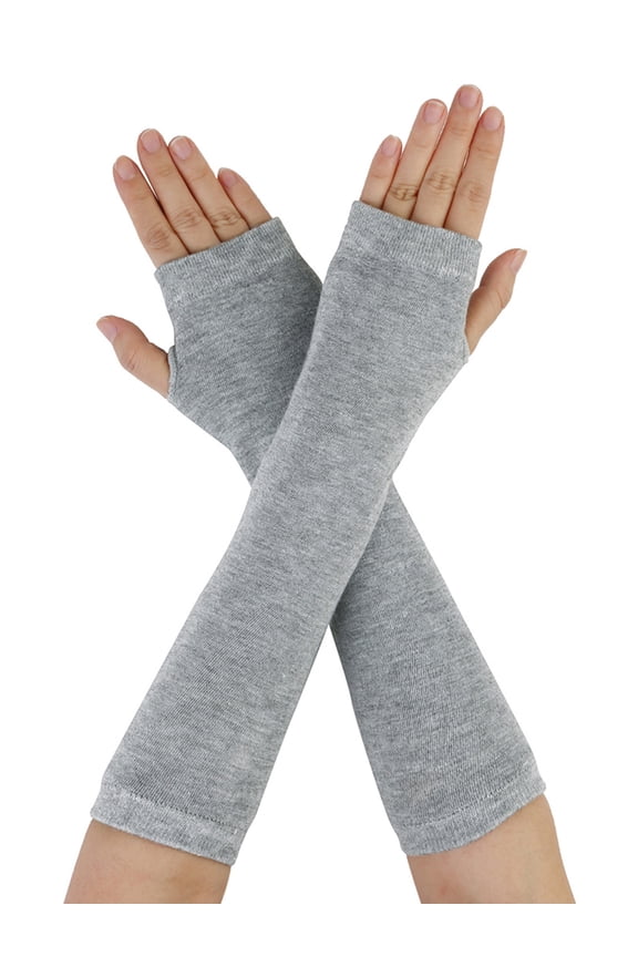Women's Fingerless Thumbhole Solid Stripe Gothic Long Knitted Gloves Light Gray