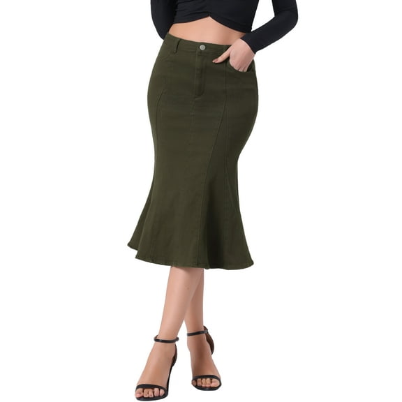 INSPIRE CHIC Women's Skirts Fishtail Bodycon High Waist Midi Jean Denim Skirt L Army Green