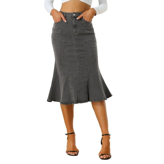 INSPIRE CHIC Women's Skirts Fishtail Bodycon High Waist Midi Jean Denim Skirt S Black Gray
