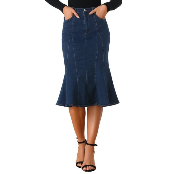 INSPIRE CHIC Women's Skirts Fishtail Bodycon High Waist Midi Jean Denim Skirt S Black
