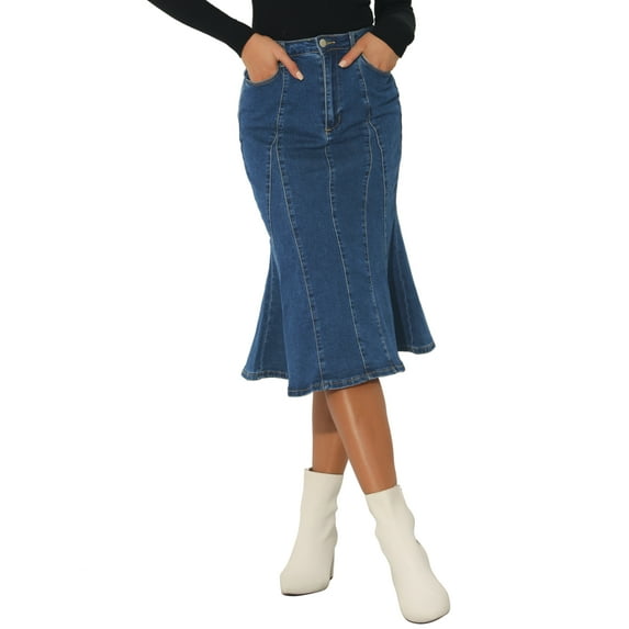 INSPIRE CHIC Women's Skirts Fishtail Bodycon High Waist Midi Jean Denim Skirt S Dark Blue