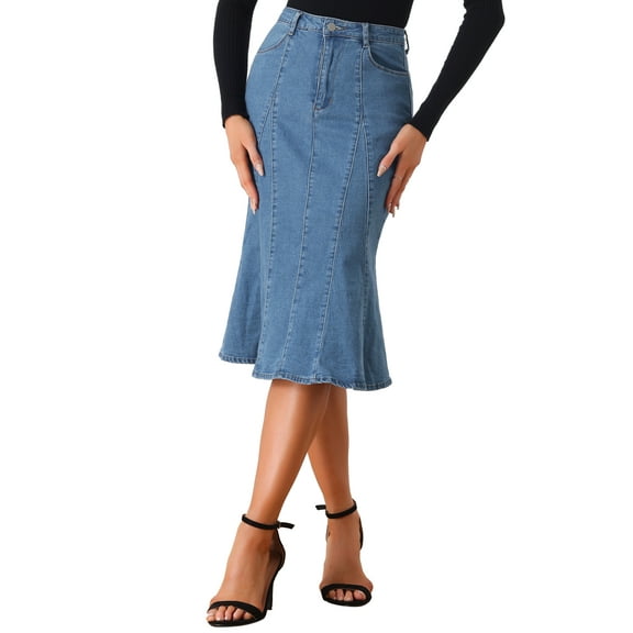 INSPIRE CHIC Women's Skirts Fishtail Bodycon High Waist Midi Jean Denim Skirt S Sky Blue