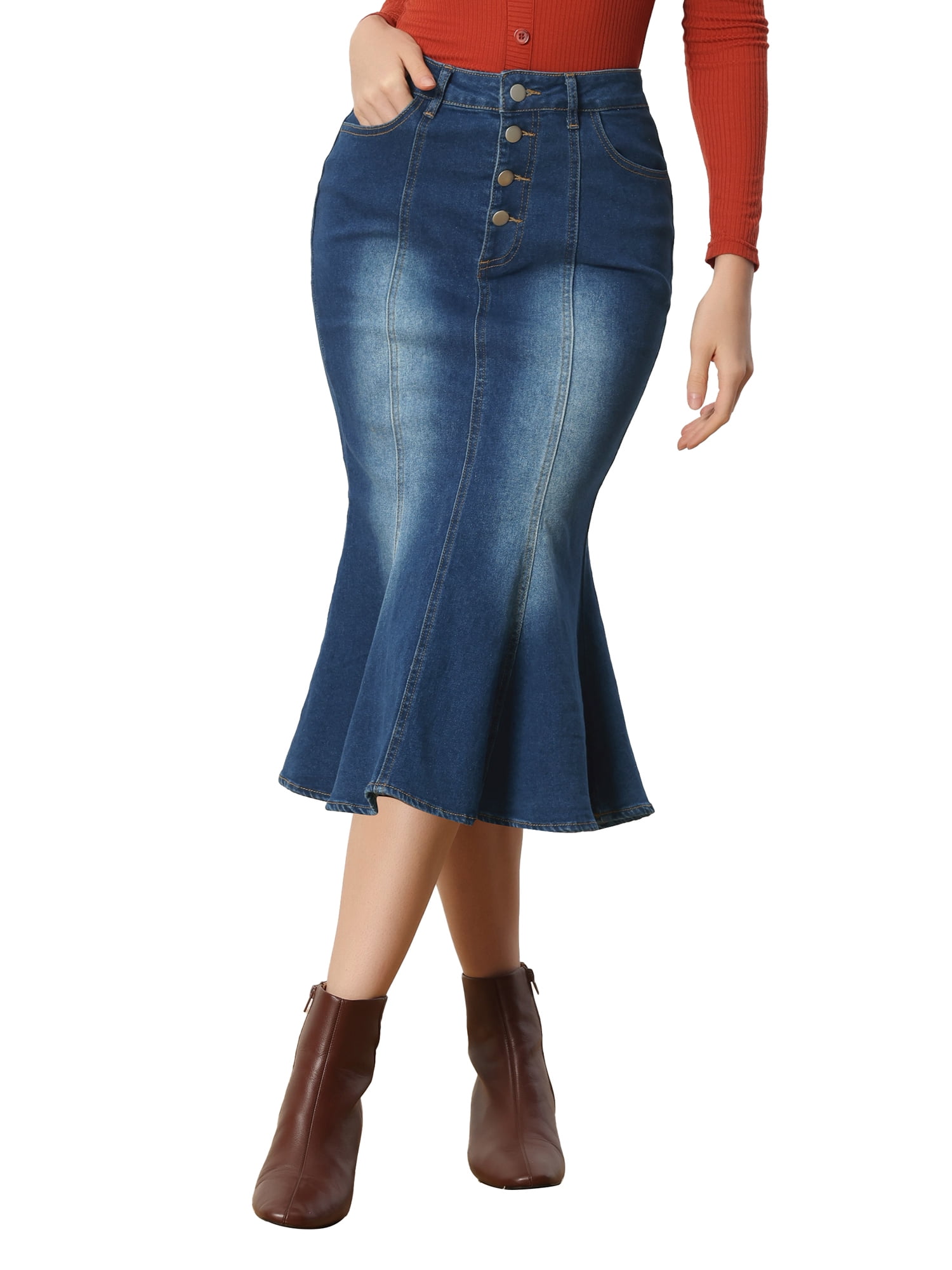 Allegra K Women's Fishtail Maxi Denim Skirt, Distressed Ruffle