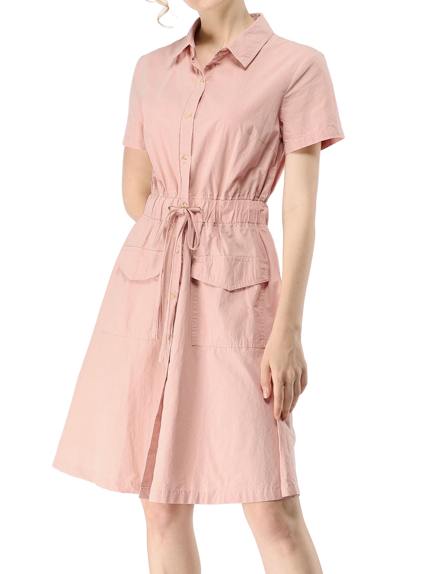 INSPIRE CHIC Women's Fit and Flare Collar Pocket Elastic Waist Mini Dress S  Pink - Walmart.com
