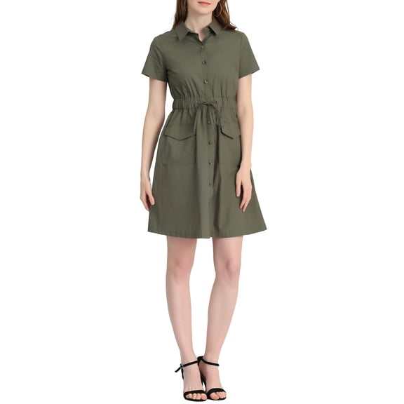 INSPIRE CHIC Women's Fit and Flare Collar Pocket Elastic Waist Mini Dress S Army Green-B