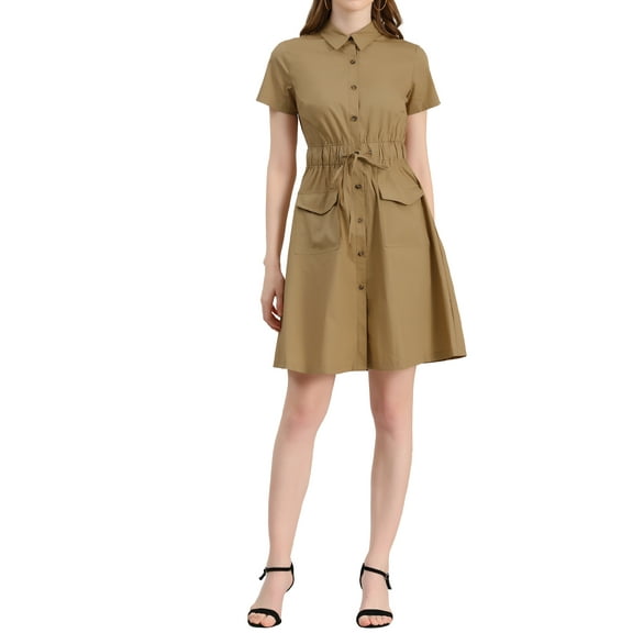 INSPIRE CHIC Women's Fit and Flare Collar Pocket Elastic Waist Mini Dress XS Khaki