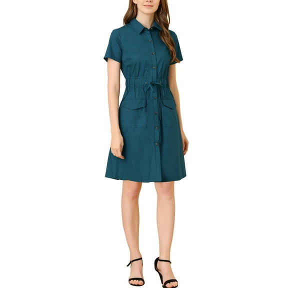 INSPIRE CHIC Women's Fit and Flare Collar Pocket Elastic Waist Mini Dress