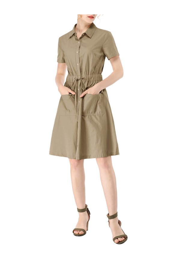Women's Fit and Flare Collar Pocket Elastic Waist Mini Dress M Dark Khaki
