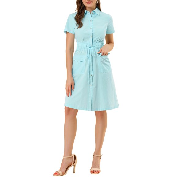 INSPIRE CHIC Women's Fit and Flare Collar Pocket Elastic Waist Mini Dress S Light blue
