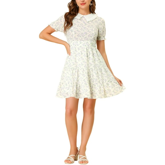 INSPIRE CHIC Women's Fit and Flare Peter Pan Collar Floral Dresses XS White