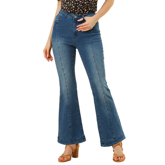 INSPIRE CHIC Women's Flare Vintage High Waist Stretch Long Pants Bell Button Jeans M Dark Blue